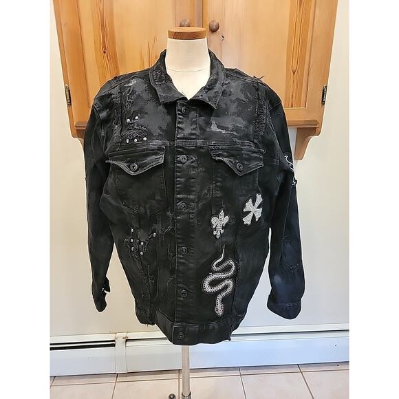 Mens Smoke Rise Distressed Denim Jacket With Patches Size XL Black Studded - Picture 1 of 16
